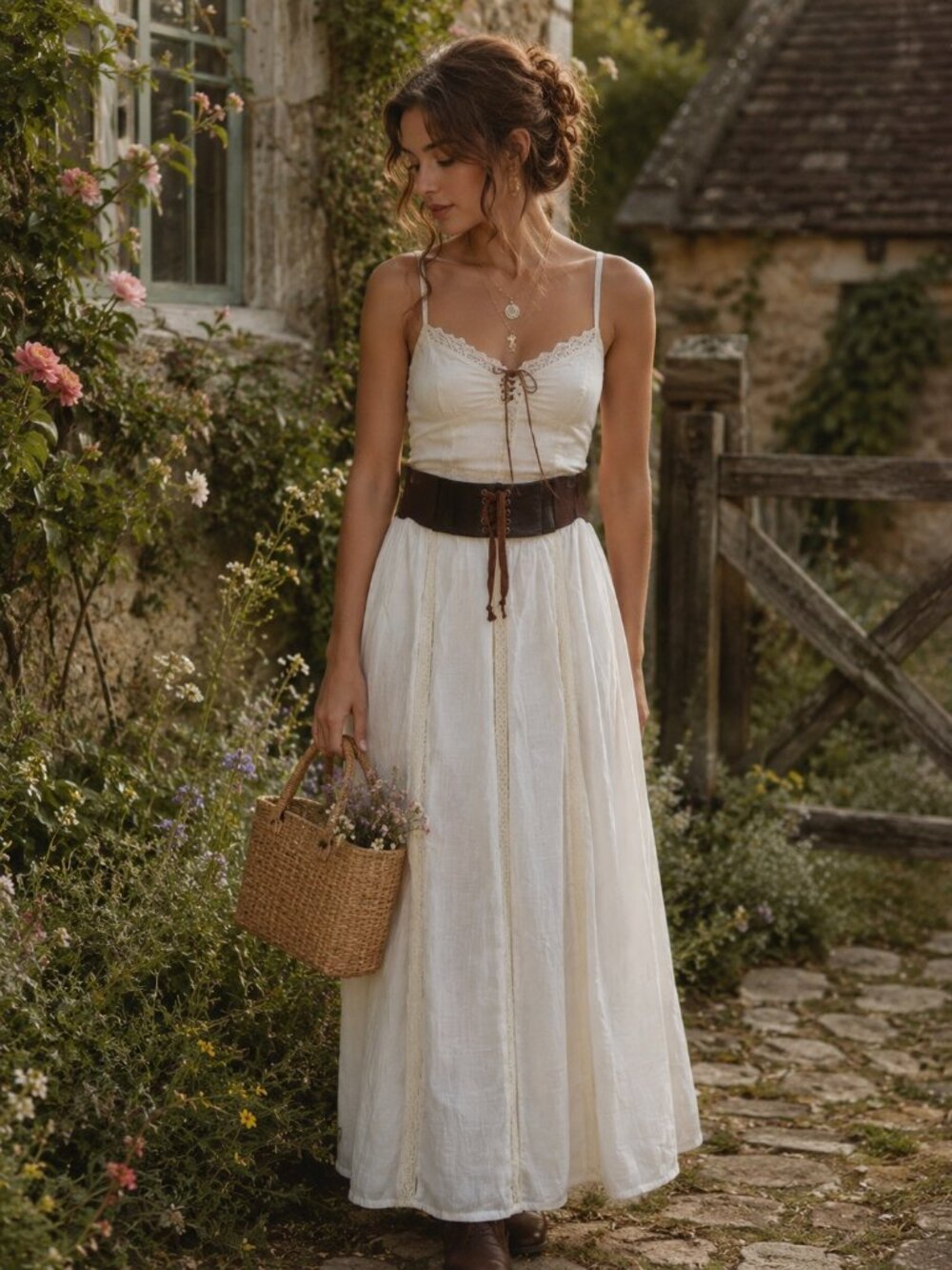 Boho White Maxi Skirt with Corset Waist and Lace Trim Large
